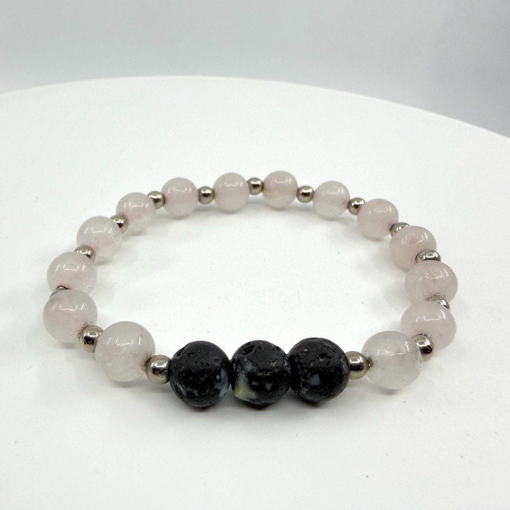 Pink Quartz Lava Rock Stretch Bracelet Boho Minimalist Natural Gemstone
